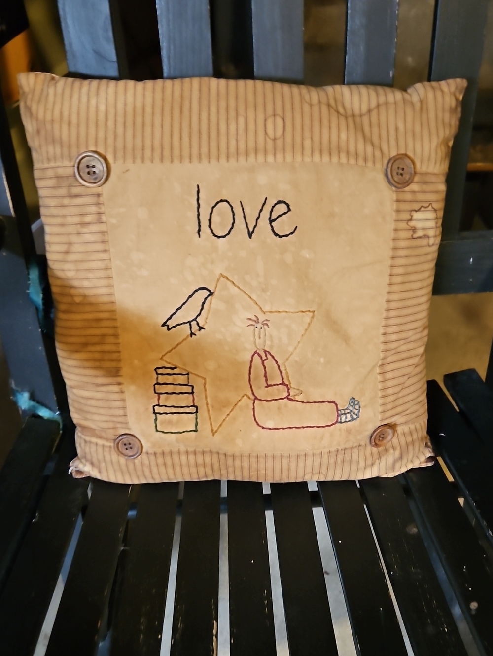 Embroidered 'Love' Decorative Throw Pillow in Primitive Beige